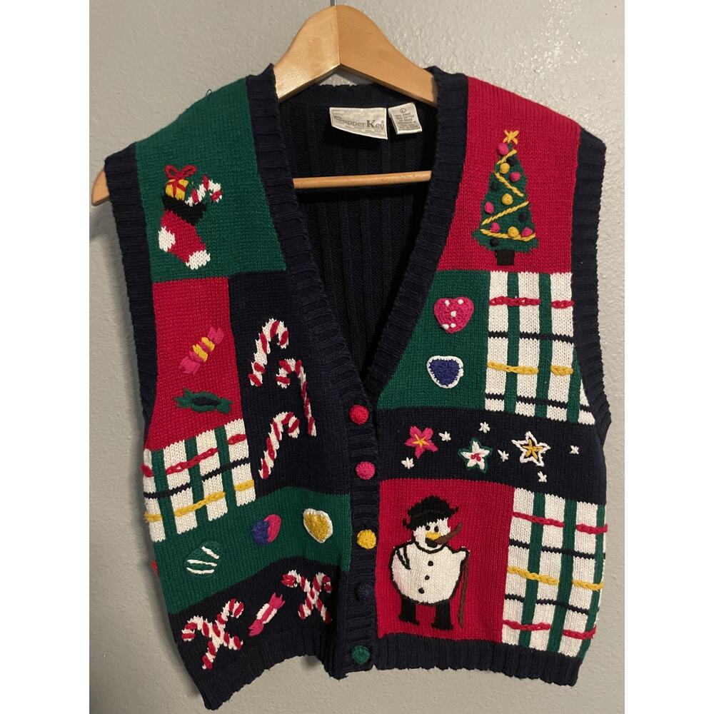 VTG Copper Key Sweater Vest Large Multicolor Ugly Christmas Holiday Snowman 90s